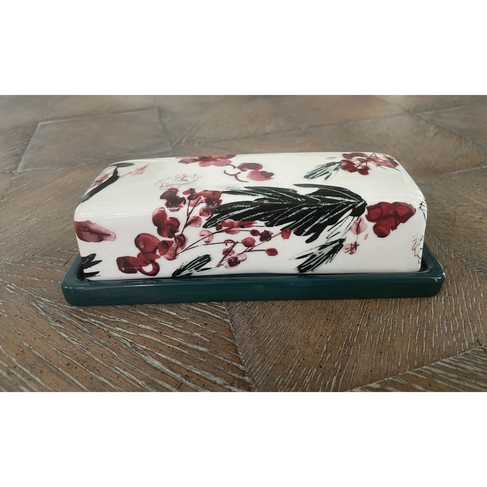 Anthropologie Holly and Pear Butter Dish Green Red Multi Glazed Stoneware